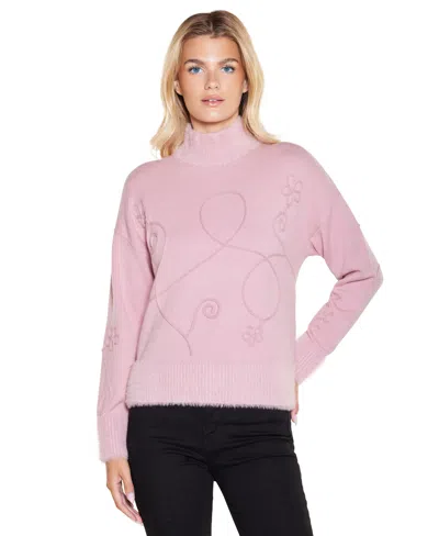 Belldini Women's Mock Neck Long-sleeve Soutache-detailing Sweater In Pink