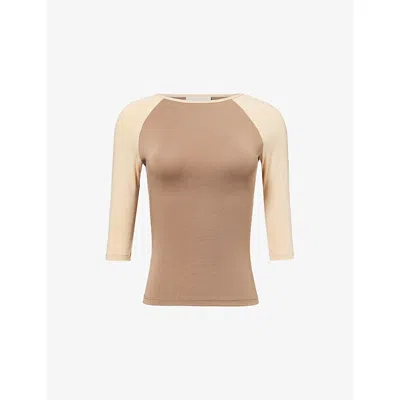 Belle Anna Womens Raglan Three-quarter Sleeves Jersey Top Taupe In Brown