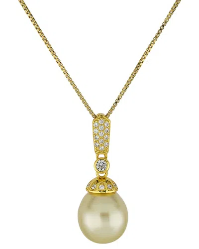 Belpearl Silver & Plated 10mm Pearl Cz Chain Toggle Pendant In Gold