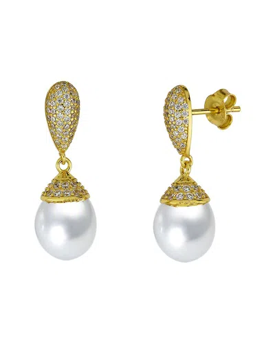 Belpearl Silver & Plated 10mm Pearl Cz Dangle Earrings In Gold