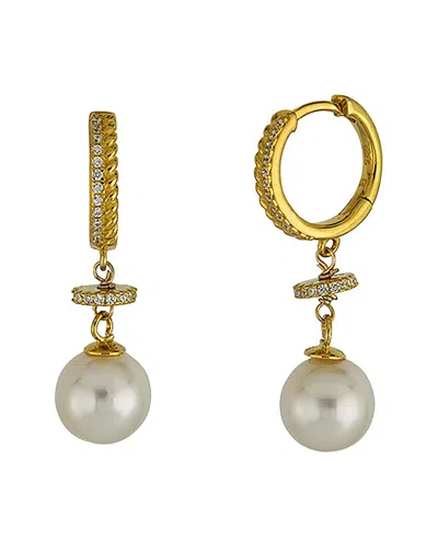 Belpearl Silver & Plated 9mm Pearl Cz Dangle Earrings In Multi
