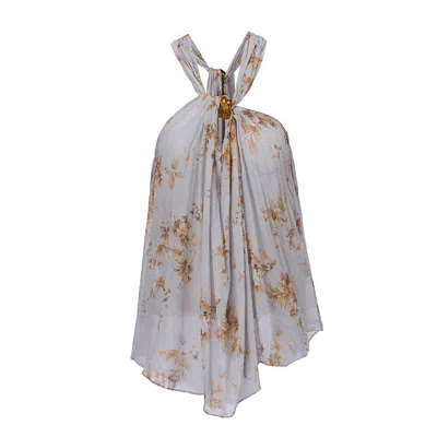 Belsize25 Women's Blue Dahlia Series - Floral Draped Rayon Halterneck Top