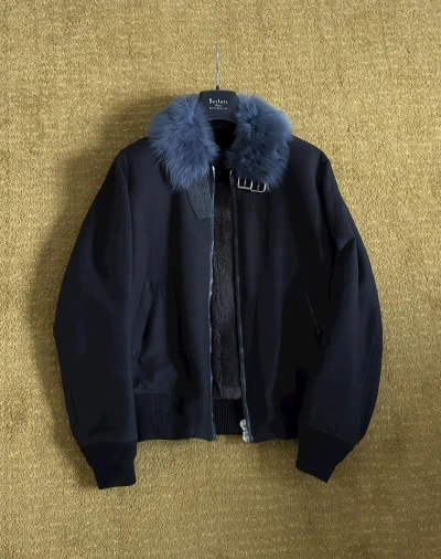 Pre-owned Berluti X Haider Ackermann 1 Of 1 Fw18 Beaver Shearling Bomber Jacket With Fur Collar In Black/blue