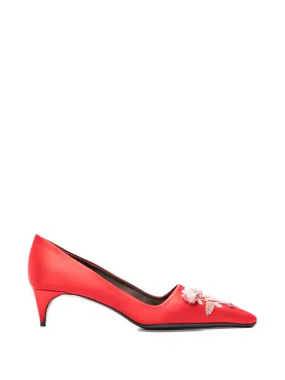 Bernadette Classic Satin Pumps Rose Embroidered In Red