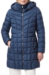 Bernardo Water Resistant Packable Hooded Puffer Coat With Removable Bib Insert In Smoke Blue