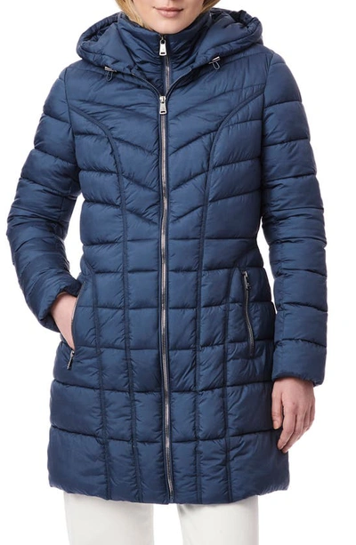 Bernardo Water Resistant Packable Hooded Puffer Coat With Removable Bib Insert In Smoke Blue