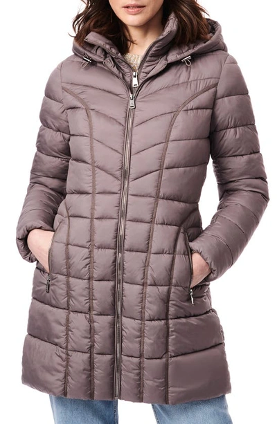 Bernardo Water Resistant Packable Hooded Puffer Coat With Removable Bib Insert In Taupe Grey