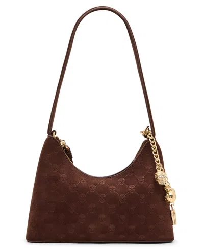 Betsey Johnson Headliner Faux Suede Debossed Skulls Shoulder Bag In Brown