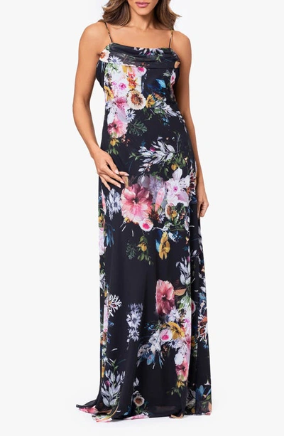 Betsy & Adam Floral Print Cowl Neck Gown In Black Multi