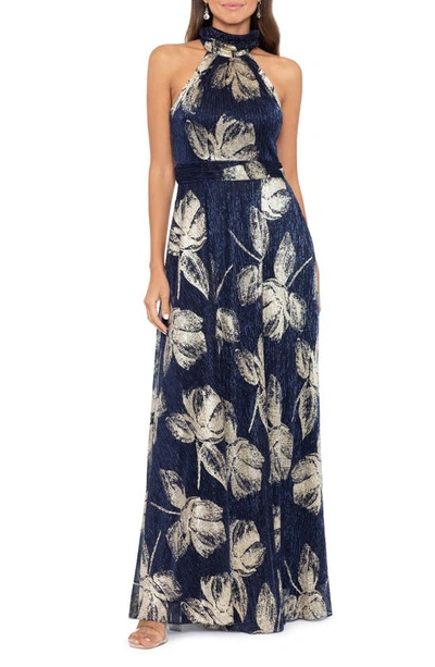 Betsy & Adam Foil Print Sleeveless Gown In Navy/ Gold