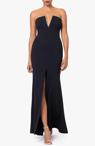 Betsy & Adam Notched Strapless Gown In Black