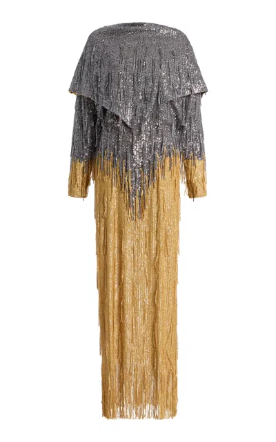 Bevza Solar Sequined Satin Maxi Dress In Gold