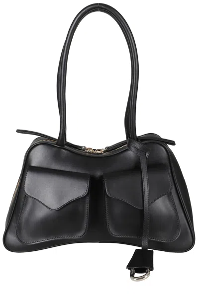 Biasia Structured Black Leather Handbag With Flap Pockets