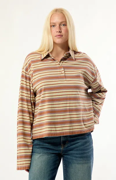 Billabong Women's Sugar Striped Long Sleeve Polo Shirt In Beige
