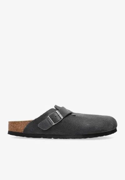 Birkenstock Boston Suede Flat Mules In Gray