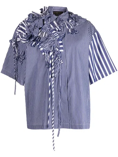 Biyan Gathered-detail Striped Cotton Shirt In Black