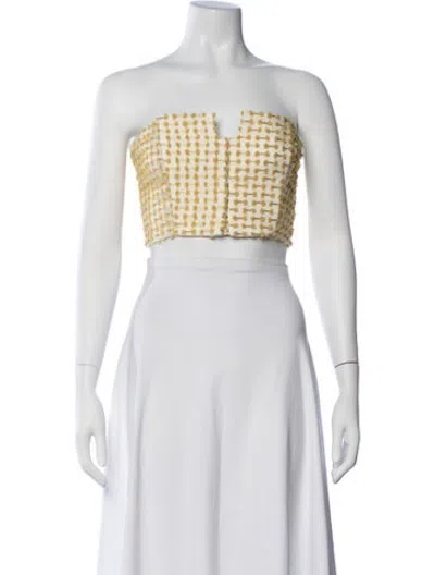Pre-owned Black Iris Patterned Strapless Crop Top In White
