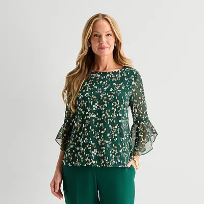Black Label By Evan Picone Womens Round Neck 3/4 Sleeve Blouse In Green