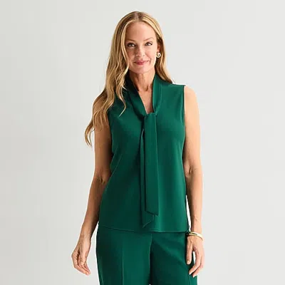 Black Label By Evan Picone Womens Split Tie Neck Sleeveless Blouse In White
