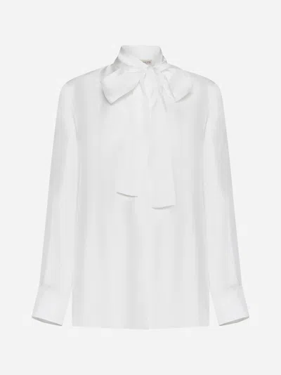 Blanca Vita Campanula Pussy-bow Neck Silk Shirt In White