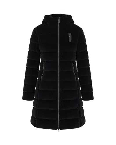 Blauer Flared Long Velvet Padded Coat With Iridescent Finish In Black