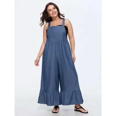 Bloomchic Overall Straps Ruffled Hem Pockets Faux Denim Jumpsuit In Multi