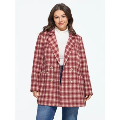 Bloomchic Plaid Lapel Collar Double Breasted Coat In Red