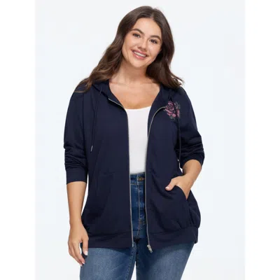 Bloomchic Rose Print Long Sleeve Zipper Hoodie In Multi