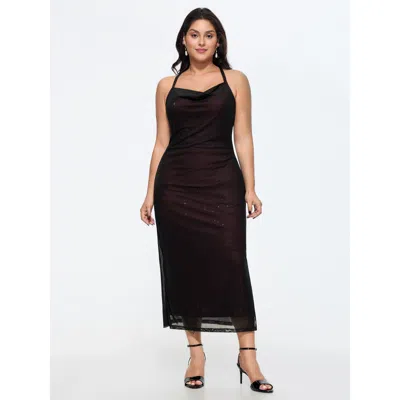 Bloomchic Shimmery Sequin Mesh Cowl Neckline Midi Dress In Brown