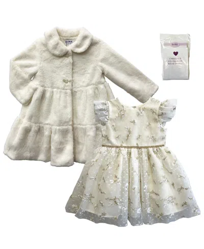 Blueberi Boulevard Baby Girls' Fur Coat And Sleeveless Dress With Tights, 3-piece Set In Neutral