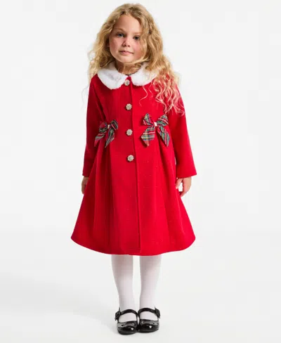 Blueberi Boulevard Kids' Girls' 2t-16 Plaid Pleated-skirt Faux-fur Collar Coat And Dress, 2-piece Set In Red