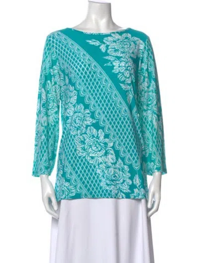 Pre-owned Bob Mackie Floral Print Bateau Neckline Top In Blue