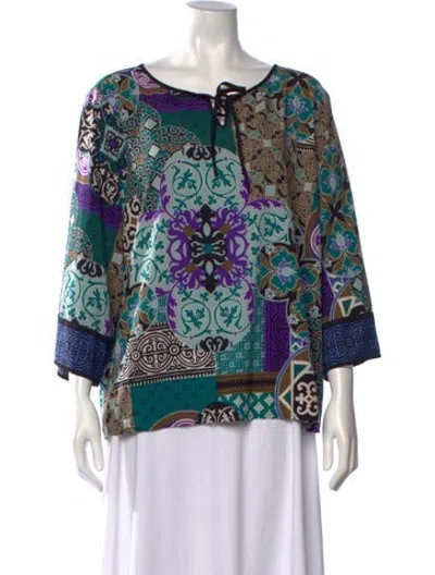 Pre-owned Bob Mackie Printed Tie Neck Top In Blue/green