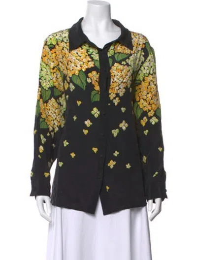 Pre-owned Bob Mackie Silk Floral Print Blouse In Black
