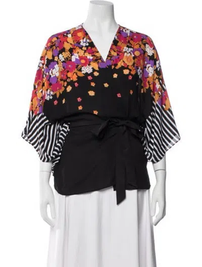 Pre-owned Bob Mackie Wearable Art Floral Print V-neck Top In Black
