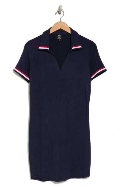 Bobeau Stripe Collared Terry Dress In Navy