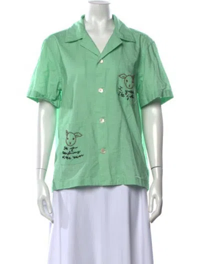 Pre-owned Bode Graphic Print V-neck Button-up Top W/ Tags In Green