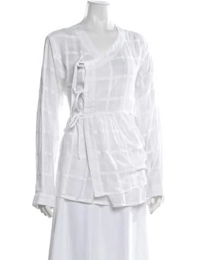 Pre-owned Bode Plaid Print V-neck Top In White