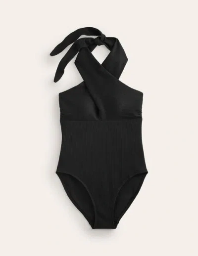 Boden Cross Front Halter Swimsuit Black Rib Women