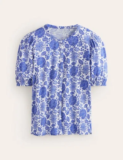 Boden Dolly Puff Sleeve Jersey Shirt Blue And Ivory, Gardenia Swirl Women
