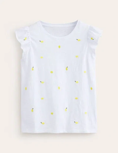 Boden Dora Embroidered Flutter Sleeve T-shirt In White Lemons