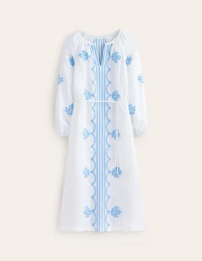 Boden Embroidered Belted Linen Dress White Women