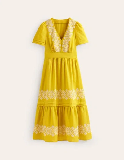 Boden Eve Linen Midi Dress Passion Fruit Embroidered Women