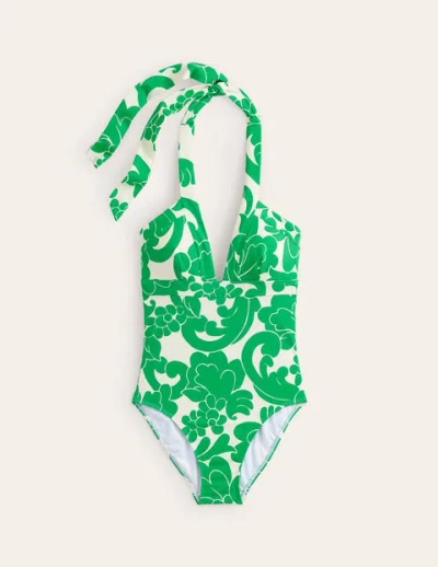 Boden Ithaca Halter Swimsuit Bright Green, Opulent Whirl Women