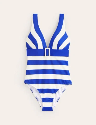 Boden Resin Buckle V-neck Swimsuit Blue/ivory Stripe Women