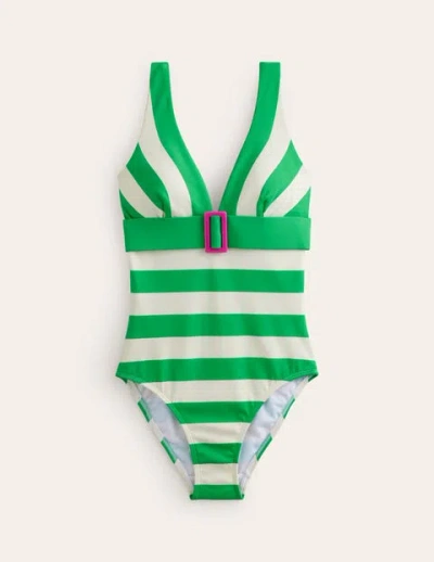Boden Resin Buckle V-neck Swimsuit Green/ivory Stripe Women