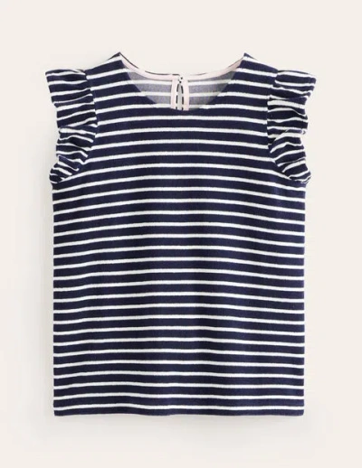 Boden Towelling Frilled T-shirt Ivory, Navy Women  In Black