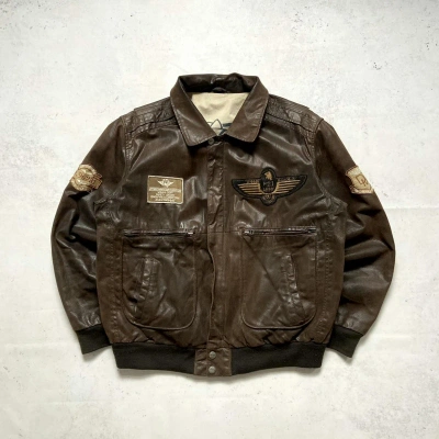 Pre-owned Bomber Jacket X Leather Jacket David Moore Vintage Leather Bomber Aviation Pilot Jacket Y2k In Brown Leather