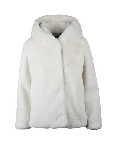 Bomboogie Short Faux Fur Jacket With Hood And Snap Button Closure In White