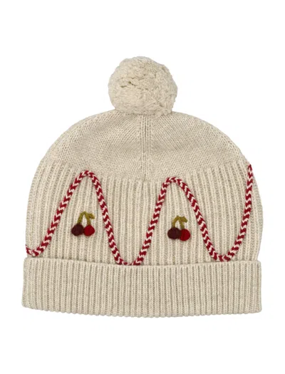 Bonpoint Girls Knit Beanie Hat With Pom Pom And Cherry Embroidery In Ficelle